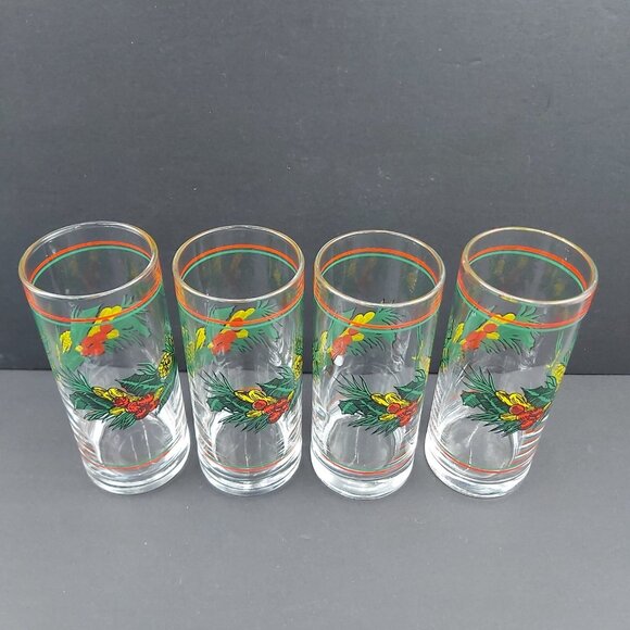 Libbey Cocktail Highball Glasses Christmas Holly Berries Pinecones-Tumblers VTG - Picture 4 of 12